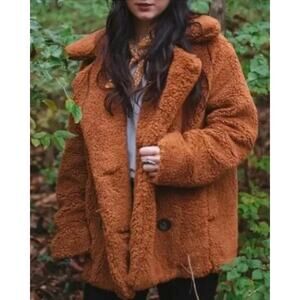 S Free People Oversized Brown Teddie Sherpa Peacoat
